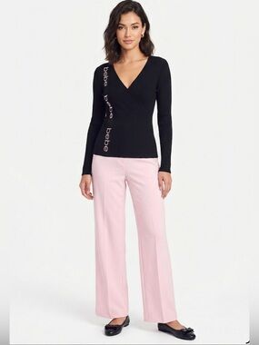 Bebe Ribbed Wrap-Front Long Sleeve Top Black & Pink Logo Size M